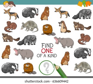 Cartoon Vector Illustration of Find One of a Kind Educational Activity for Children with Wild Animal Characters