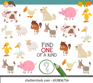 Cartoon Vector Illustration of Find One of a Kind Educational Game for Children with Farm Animal Characters