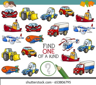 Cartoon Vector Illustration of Find One of a Kind Educational Activity Game for Children with Transportation Vehicle Characters