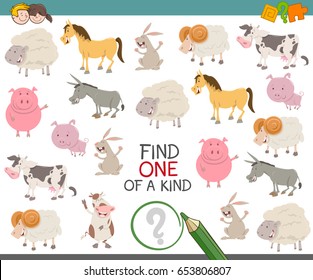 Cartoon Vector Illustration of Find One of a Kind Educational Activity Game for Kids with Farm Animal Characters