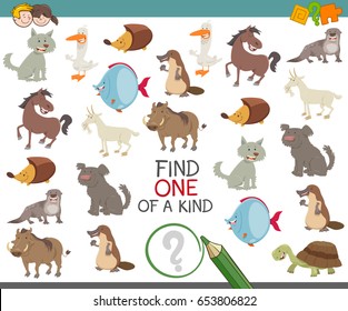 Cartoon Vector Illustration of Find One of a Kind Educational Game for Children with Animal Characters