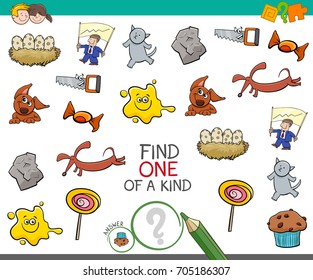 Cartoon Vector Illustration of Find One of a Kind Educational Activity for Children with Funny Pictures