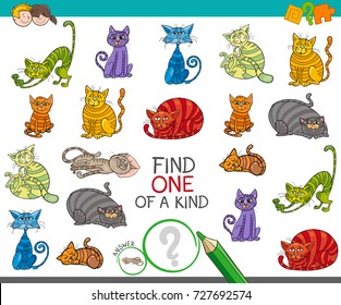 Cartoon Vector Illustration of Find One of a Kind Educational Activity Game for Children with Funny Cat Characters