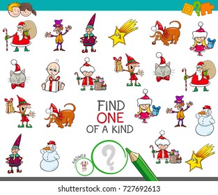 Cartoon Vector Illustration of Find One of a Kind Educational Activity Game for Children with Christmas Characters