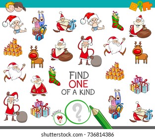 Cartoon Vector Illustration of Find One of a Kind Educational Activity Game for Children with Santa and Christmas Characters