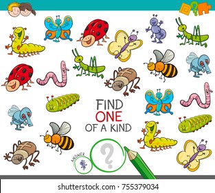 Cartoon Vector Illustration of Find One of a Kind Educational Activity Game for Children with Insects Animal Characters