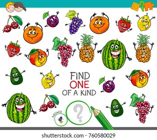 Cartoon Vector Illustration of Find One of a Kind Educational Activity Game for Children with Fruits Funny Characters