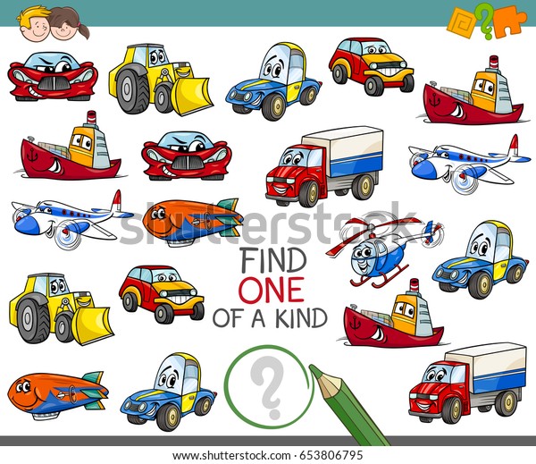 Cartoon Vector Illustration of Find One of a\
Kind Educational Activity Game for Children with Transportation\
Vehicle Characters