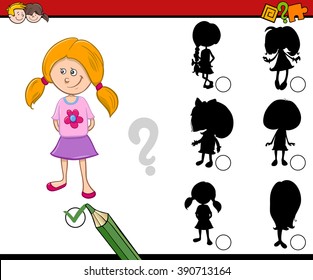 Cartoon Vector Illustration of Find the Shadow Educational Activity Task for Preschool Children with Kid Girl Character