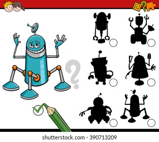 Cartoon Vector Illustration of Find the Shadow Educational Activity for Preschool Children with Robots