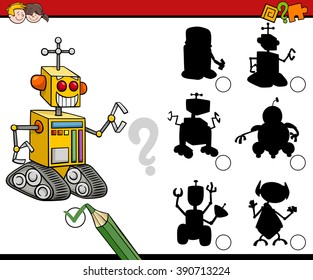 Cartoon Vector Illustration of Find the Shadow Educational Activity Game for Preschool Children with Robots