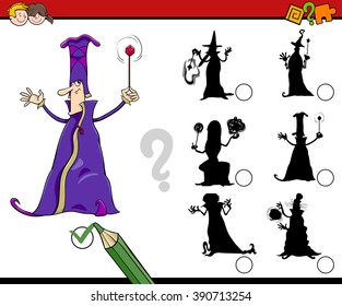Cartoon Vector Illustration of Find the Shadow Educational Activity Task for Preschool Children with Wizard Fantasy Character