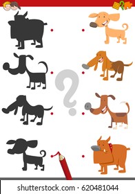 Cartoon Vector Illustration of Find the Shadow Educational Activity Game for Children with Dog Characters