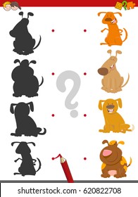 Cartoon Vector Illustration of Find the Shadow Educational Activity Game for Kids with Dog Characters