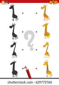 Cartoon Vector Illustration of Find the Shadow Educational Activity Game for Children with Giraffes Animals Characters