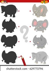 Cartoon Vector Illustration of Find the Shadow Educational Activity Game for Kids with Elephants Animal Characters