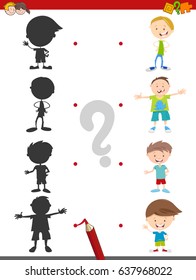 Cartoon Vector Illustration of Find the Shadow Educational Activity Game for Children with Boys Kid Characters