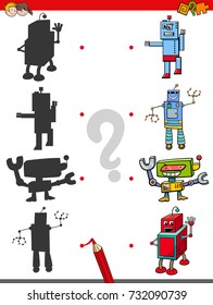 Cartoon Vector Illustration of Find the Shadow Educational Activity Game for Children with Funny Robots Fantasy Characters