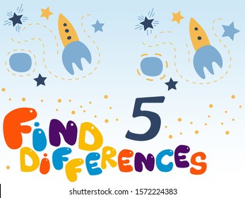 Cartoon Vector Illustration. Find some Differences Educational Game for Children with Outer space, rocket, ufo, planet . Gradient background