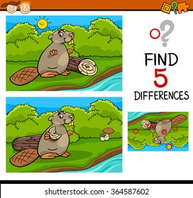 Cartoon Vector Illustration of Finding Differences Educational Task for Preschool Children with Beaver Animal Character