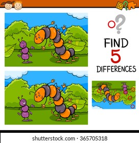 Cartoon Vector Illustration of Finding Differences Educational Task for Preschool Children with Ant and Caterpillar Insect Characters