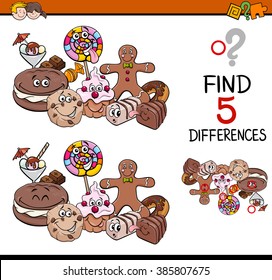 Cartoon Vector Illustration of Finding Differences Educational Task for Preschool Children with Sweet Food Characters
