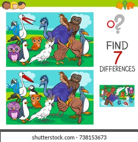 Cartoon Vector Illustration of Finding Differences Between Pictures Educational Activity Game for Children with Birds Animal Characters Group