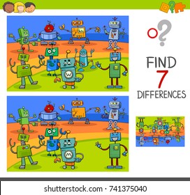 Cartoon Vector Illustration of Finding Differences Between Pictures Educational Activity Game for Kids with Funny Robot Characters Group