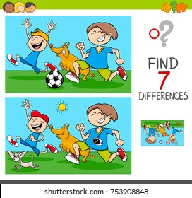 Cartoon Vector Illustration of Finding Differences Between Pictures Educational Activity Game with Funny Playful Children Characters with Dogs