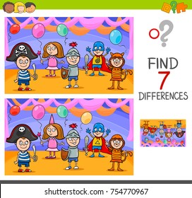 Cartoon Vector Illustration of Finding Differences Between Pictures Educational Activity Game with Playful Children Characters on Masked Ball