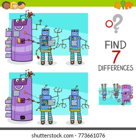 Cartoon Vector Illustration of Finding Differences Between Pictures Educational Activity Game for Kids with Comic Robot Characters Group