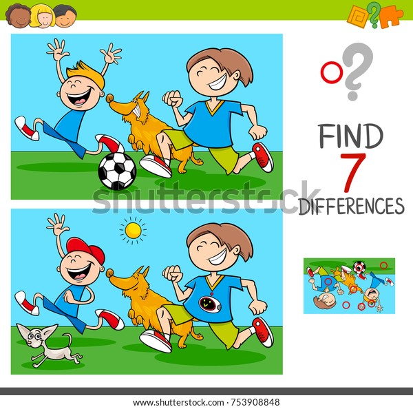 絵の違いを見つける漫画のベクターイラスト学習活動ゲーム面白い子どもキャラクターと犬 のベクター画像素材 ロイヤリティフリー