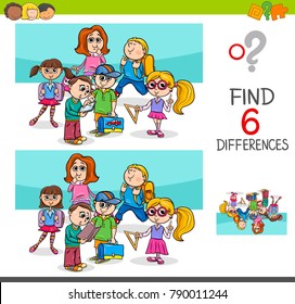 Cartoon Vector Illustration of Finding Eight Differences Between Pictures Educational Activity Game for Kids with School Children Characters Group