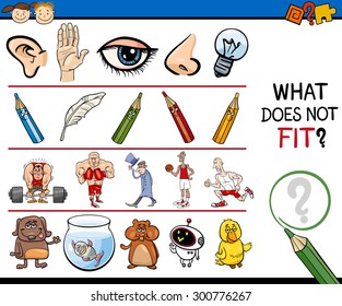 Cartoon Vector Illustration of Finding Improper Item in the Row Educational Game for Preschool Children with Characters and Objects