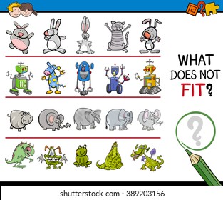 Cartoon Vector Illustration of Finding Improper Item in the Row Educational Activity for Preschool Children