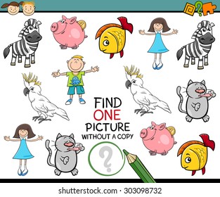 Cartoon Vector Illustration of Finding Picture without a Pair Educational Game for Preschool Children