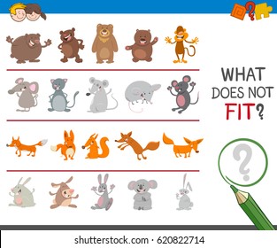 Cartoon Vector Illustration of Finding Picture that does not Fit with the Rest in a Row Educational Activity for Preschool Children
