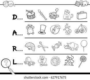 Cartoon Vector Illustration of Finding Picture which Start with Referred Letter Educational Activity for Children Coloring Page