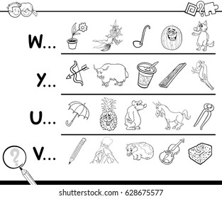 Cartoon Vector Illustration of Finding Picture Starting with Referred Letter Educational Game for Preschool Children for Coloring