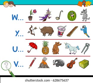 Cartoon Vector Illustration of Finding Picture Starting with Referred Letter Educational Game for Preschool Children