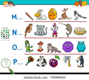 Cartoon Vector Illustration of Finding Pictures Starting with Referred Letter Educational Game for Kids