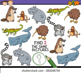 Cartoon Vector Illustration of Finding the Same Picture Educational Game for Preschool Children