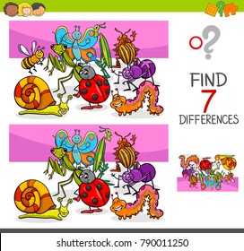 Cartoon Vector Illustration of Finding Seven Differences Between Pictures Educational Activity Game for Kids with Insects Animal Characters Group