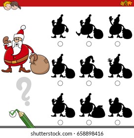 Cartoon Vector Illustration of Finding the Shadow without Differences Educational Activity for Kids with Christmas Santa Holiday Character