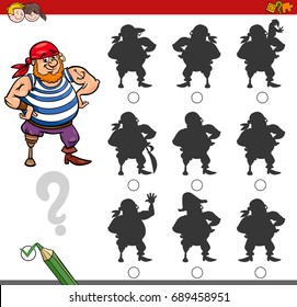 Cartoon Vector Illustration of Finding the Shadow without Differences Educational Activity for Children with Pirate Fantasy Character