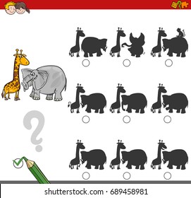 Cartoon Vector Illustration Of Finding The Shadow Without Differences Educational Activity For Children With Elephant And Giraffe Safari Animal Characters