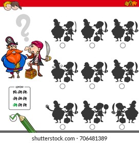 Cartoon Vector Illustration of Finding the Shadow without Differences Educational Activity for Children with Two Pirates Fantasy Characters