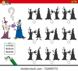Cartoon Vector Illustration of Finding the Shadow without Differences Educational Activity for Children with Two Wizards Fantasy Characters