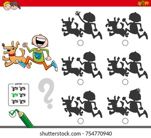 Cartoon Vector Illustration of Finding the Shadow without Differences Educational Activity for Children with Boy and Dog Characters