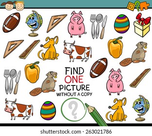 Cartoon Vector Illustration of Finding Single Picture without a Pair Educational Game for Preschool Children
